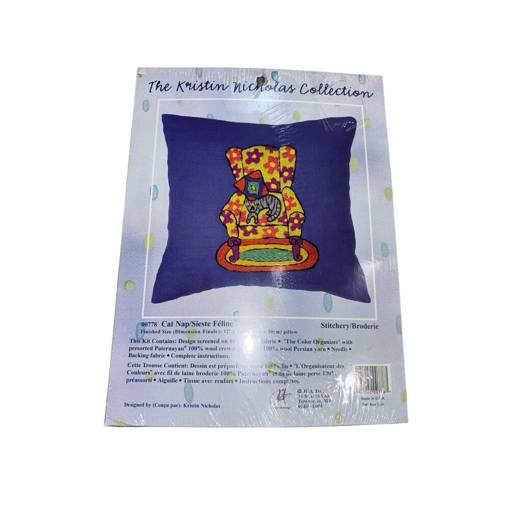 Kristin Nicholas Cat Nap Crewel Kit 12"x12" Craft Linen Fabric Pillow Cover *New